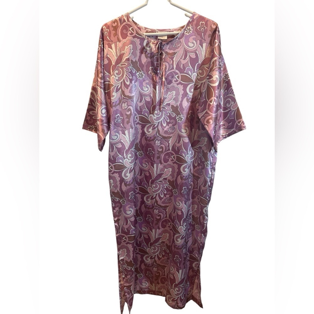 Vtg Avon Intimates Satin Caftan Nightgown Lilac Floral 80's Sz S/M